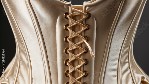 Elegant satin corset with intricate lacing displayed against a dark background in a tailored setting