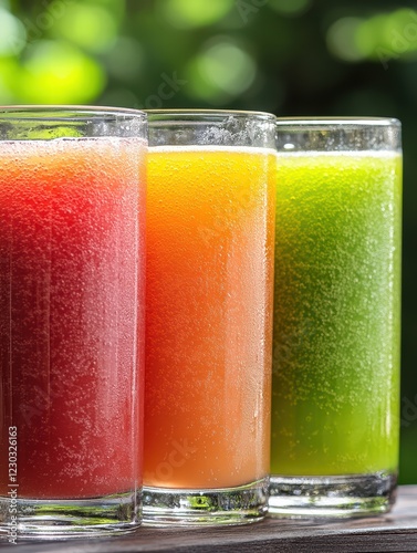 Refreshing Colorful Fruit Juices in Clear Glasses Against Green Background photo