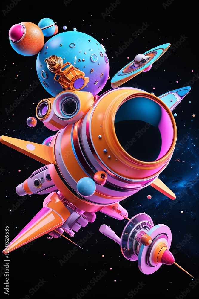 Naklejka premium Colorful Space Rocket and Planets Floating in Dark Outer Space with Starfield Background