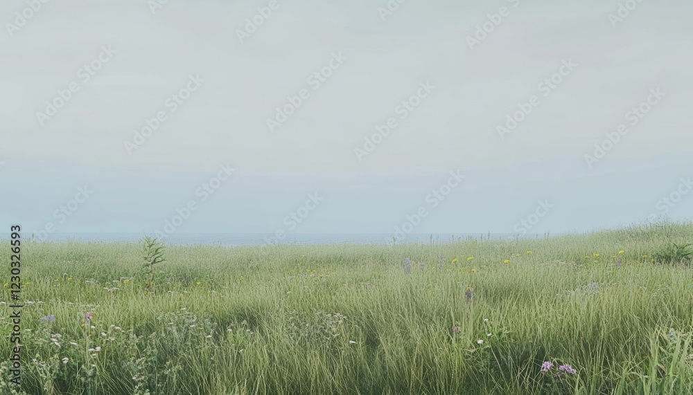 Coastal landscape with grass and sea water beach. Ocean horizon background.