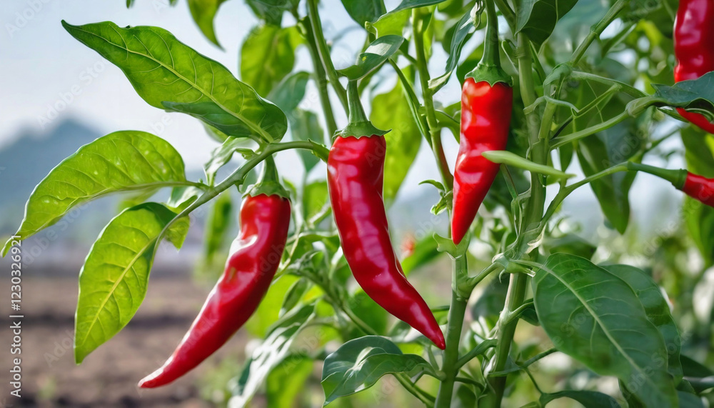 Red chili growing in the field, red chilies plants in the field Red chili growing in the field, red chilies plants in the field