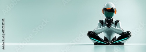 A futuristic humanoid robot sits cross-legged in a meditative pose, hands over its chest, against a minimalistic background. AI, mindfulness, and technology concept.