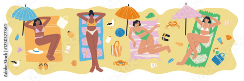 Women relax and sunbathe on the beach, illustration in flat style. Rest, beach, sea. Hand drawn vector illustration.