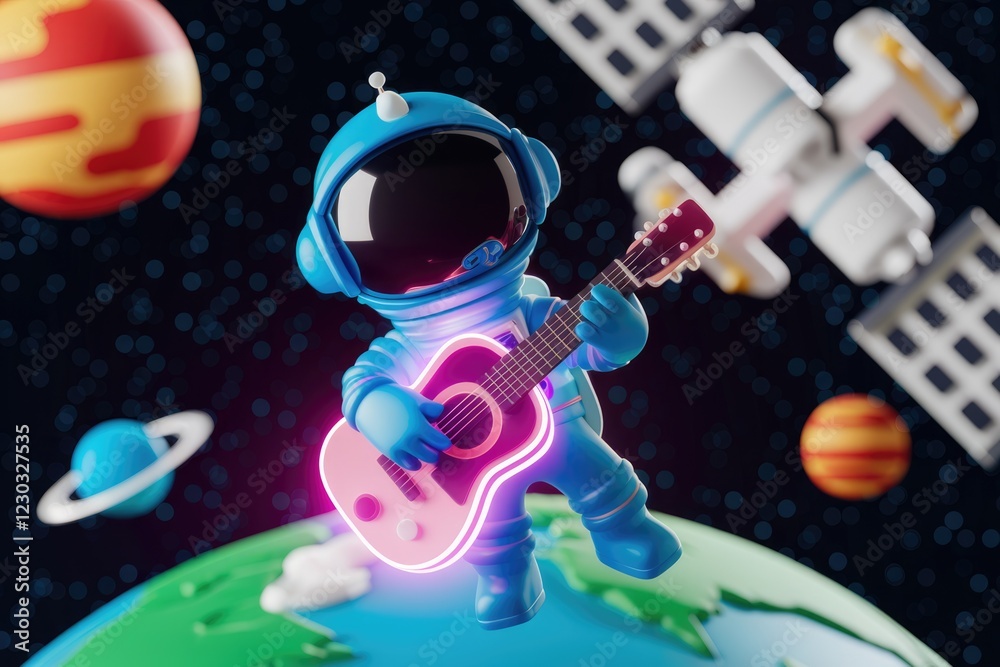 Naklejka premium A cute astronaut plays a glowing guitar in space, surrounded by planets and a space station.
