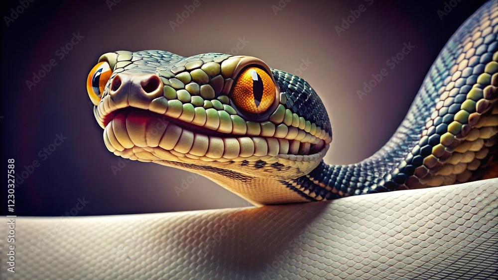 Fototapeta premium Minimalist Snake Character Design: Coiled Serpent with Banner, Expressive Eyes