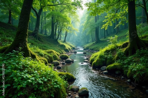 serpentine river winding through mossy forest, nature, serene