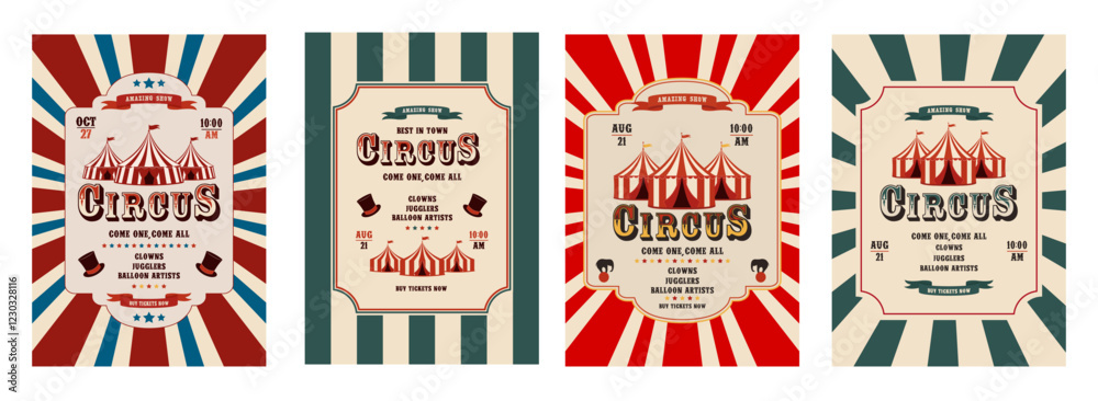 Vector set of retro circus invitation poster templates featuring a tent. Vector illustration.