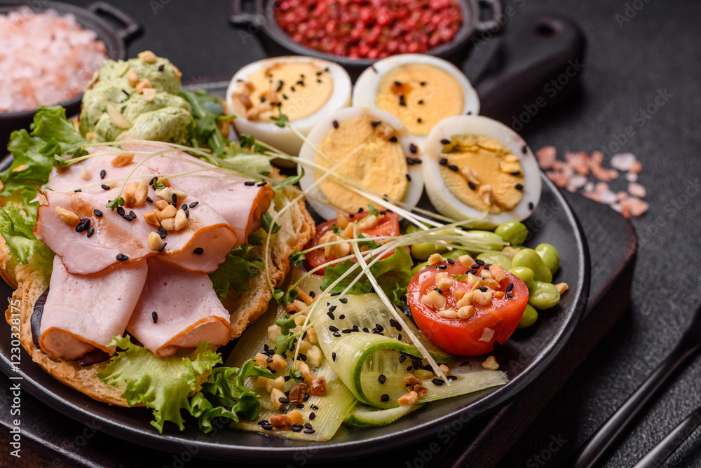 Healthy breakfast consisting of boiled eggs, slices of ham, tomatoes, green beans, aioli sauce Healthy breakfast consisting of boiled eggs, slices of ham, tomatoes, green beans, aioli sauce