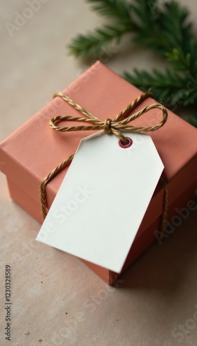 Simple paper gift tag with string attached to box, simple, label, holiday