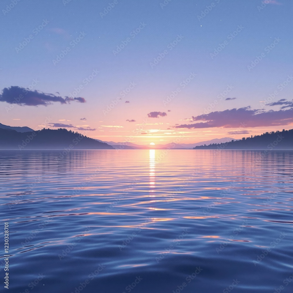 Naklejka premium Softly glowing watercolor sunsets over a serene lake, calm, warm colors, peaceful, outdoor scene, watercolor background