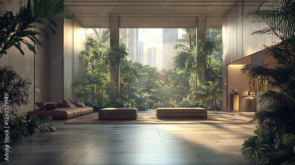 Fototapeta premium Lavish contemporary lounge with cozy seating and cityscape view at twilight