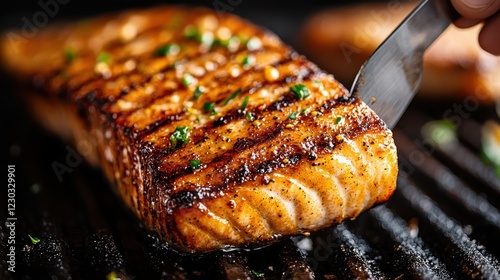 The perfectly grilled salmon steak glistens with a savory glaze, showcasing a delightful mix of textures and colors from the aromatic herbs and spices applied. photo