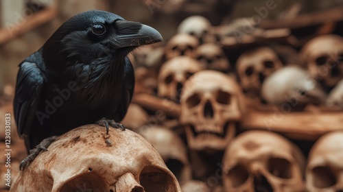 A raven sits ominously atop a skull, surrounded by a chilling backdrop of more skulls, evoking themes of mortality, darkness, and the macabre in this haunting scene. photo