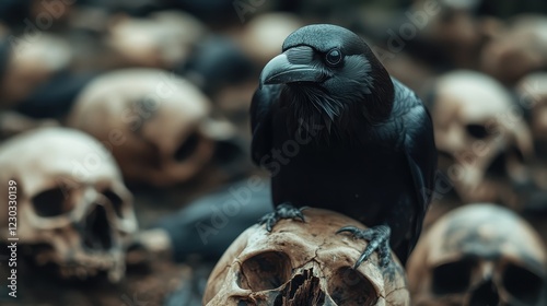 A dark raven perches on a skull surrounded by bones, creating a chilling atmosphere that evokes themes of death, mystery, and the eternal cycle between life and death. photo