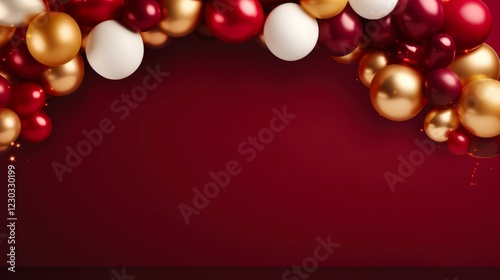 Beautiful Three-Dimensional Balloon Arch with Maroon and Gold Banner Background for Birthday, Anniversary Party. 3D Render Illustration