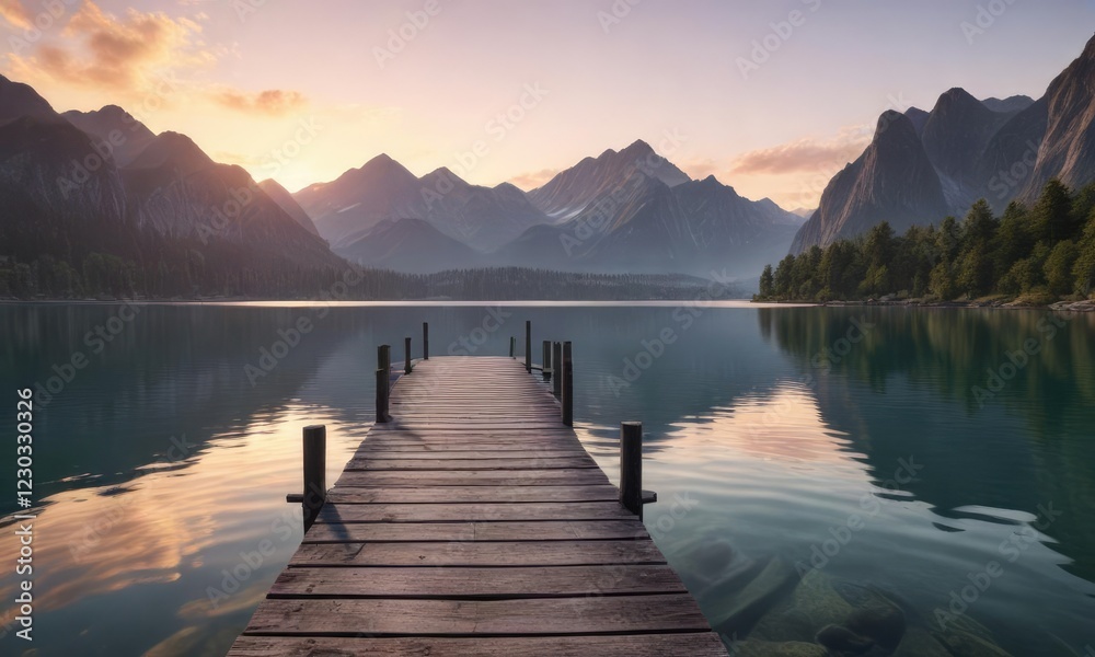 Panoramic view of a serene lake at sunset with a pier extending into the water and majestic mountains rising in the background, lake, natural beauty, clouds Panoramic view of a serene lake at sunset with a pier extending into the water and majestic mountains rising in the background, lake, natural beauty, clouds