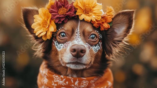 A beautifully adorned dog with colorful flower accessories and artistic decorations captures attention and creates a stunning visual, representing love and creativity amidst a vibrant floral backdrop photo