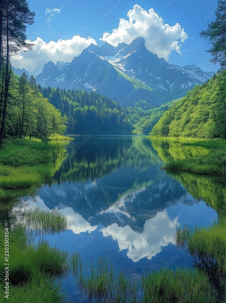 Fototapeta premium Mountain lake reflection, sunny alpine scenery, postcard