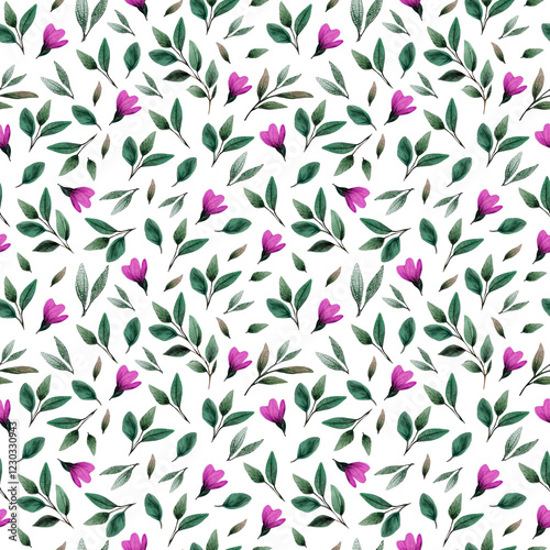 Seamless pattern with watercolor flowers and leaves on white background