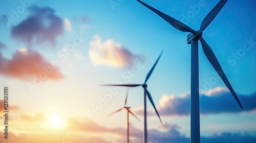 A serene landscape with wind turbines against a vibrant sky at sunrise, symbolizing renewable energy and sustainability. photo