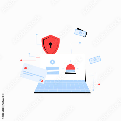 Cybersecurity Threat, Online Scam Alert With Laptop And Warning Sign In Flat Vector Illustration Symbolizing Data Security, Fraud Prevention, And Online Safety, Isolated On White Background.