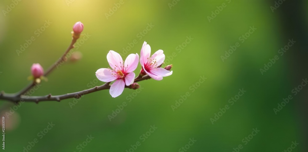 Obraz premium A pale pink blossom blooms on the tip of a slender branch against a green background, pink flowers, nature