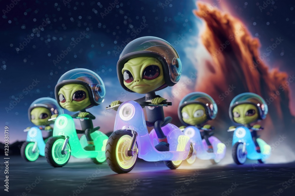 Naklejka premium Cute alien characters riding glowing scooters against a cosmic backdrop.