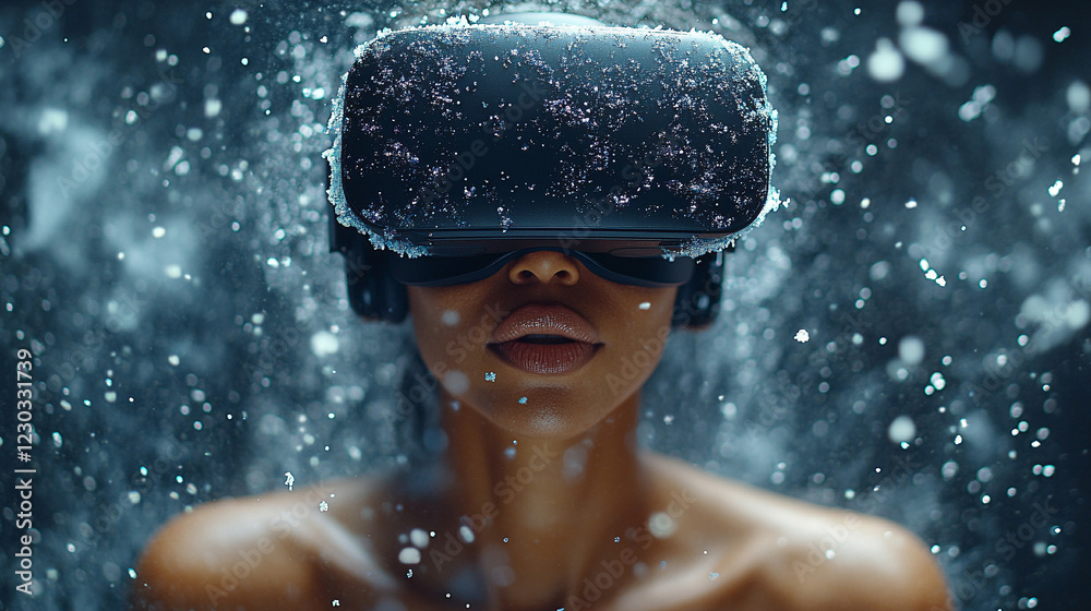 Obraz premium A female shirtless user immersed in augmented reality, wearing a VR headset, blending digital elements with the physical world, exploring innovative gaming and learning opportunities in a minimalistic