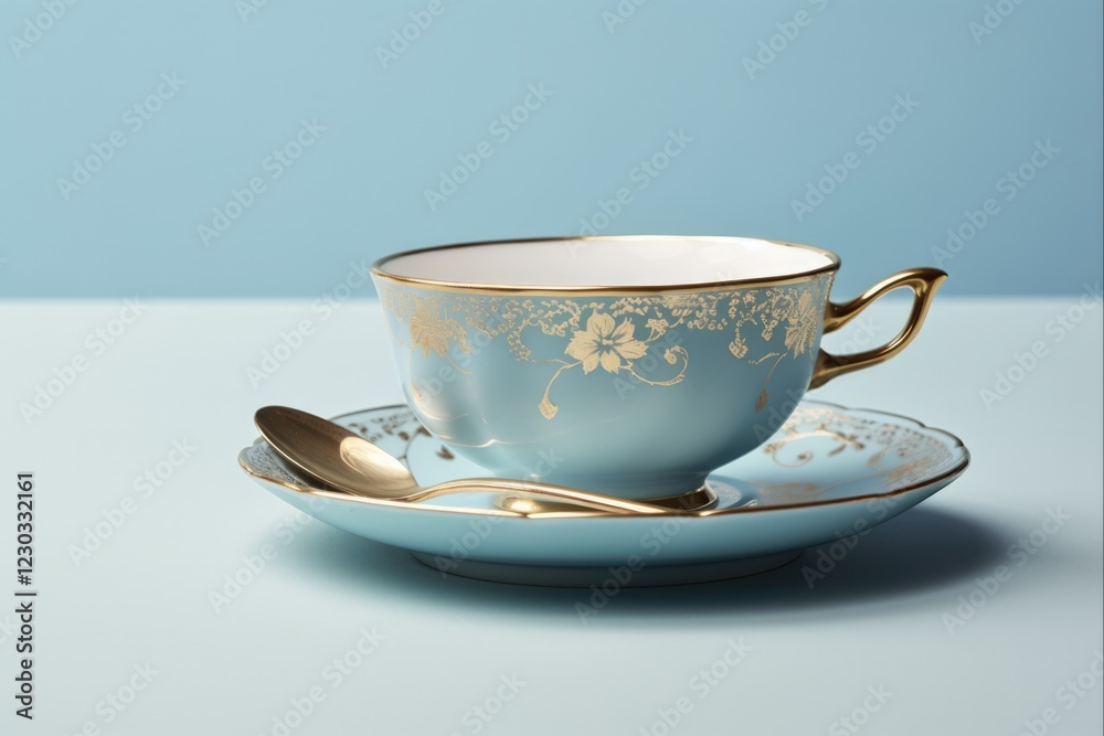 Blue Porcelain Teacup with Saucer and Spoon in Flight. Elegant Decorated Empty Porcelain Set over Light Blue Surface Blue Porcelain Teacup with Saucer and Spoon in Flight. Elegant Decorated Empty Porcelain Set over Light Blue Surface