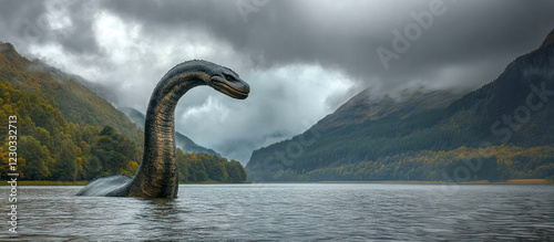 Loch Ness monster in lake