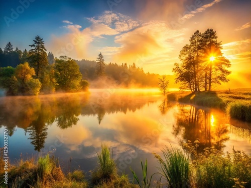 Wallpaper Mural Misty Lake Sunrise: Sunlit Trees and Fog Over Calm Water Torontodigital.ca