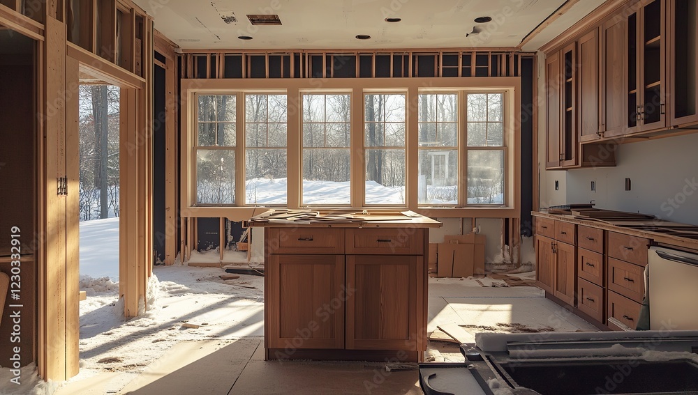 A kitchen under construction with basic wooden cabinets and an empty island A kitchen under construction with basic wooden cabinets and an empty island