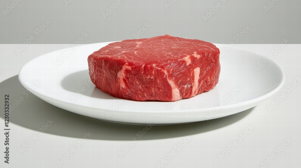 Fresh Raw Steak on White Plate Isolated on Light Background Fresh Raw Steak on White Plate Isolated on Light Background