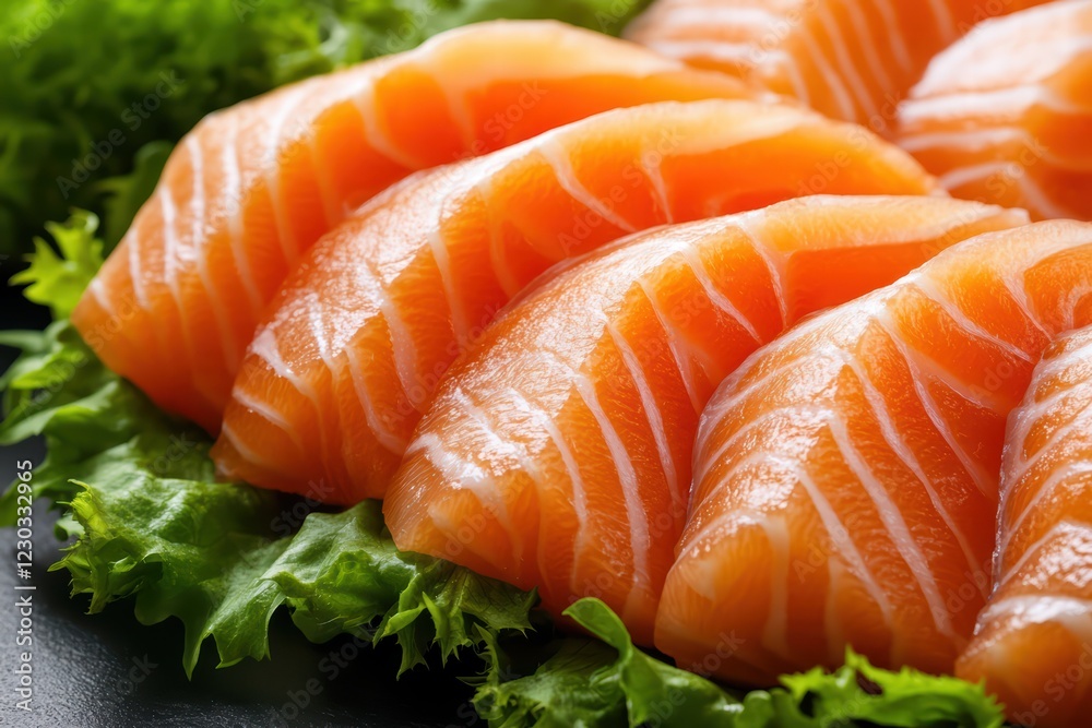 Fresh Salmon Slices on a Bed of Crisp Green Lettuce Leaves Fresh Salmon Slices on a Bed of Crisp Green Lettuce Leaves