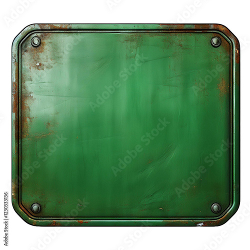 old green metal plate shield isolated on transparent background