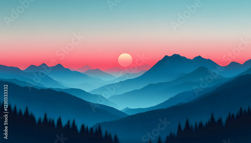 Serene Sunset Over Blue Mountains and Forest
