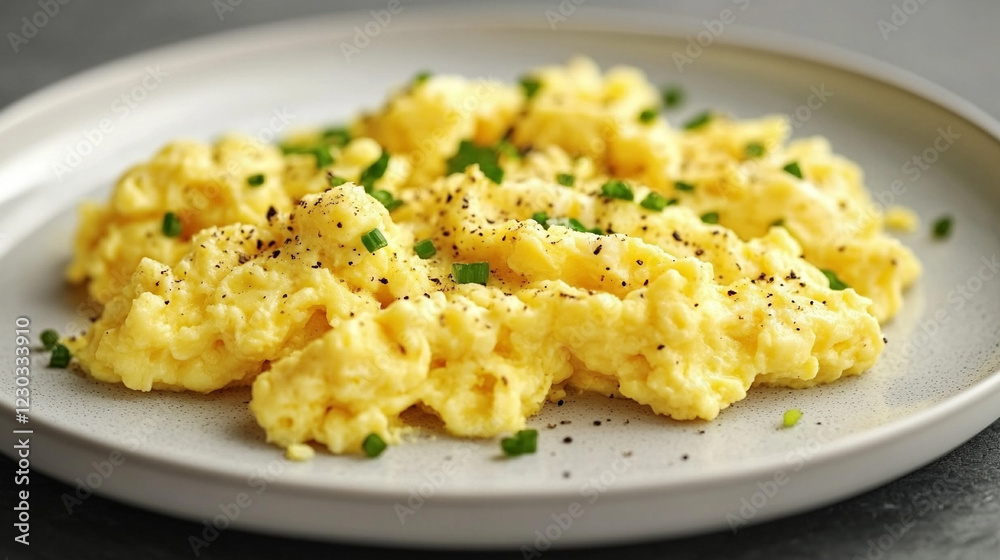 Fluffy scrambled eggs on a white plate symbolize simplicity and comfort in breakfast cuisine with minimalistic bright tone and blurred empty caption space on the side Fluffy scrambled eggs on a white plate symbolize simplicity and comfort in breakfast cuisine with minimalistic bright tone and blurred empty caption space on the side