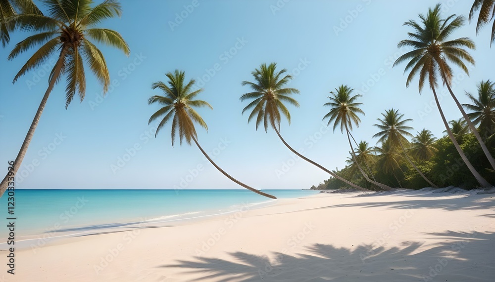 Obraz premium Una playa tropical con palmeras, un cielo azul claro y una orilla arenosa