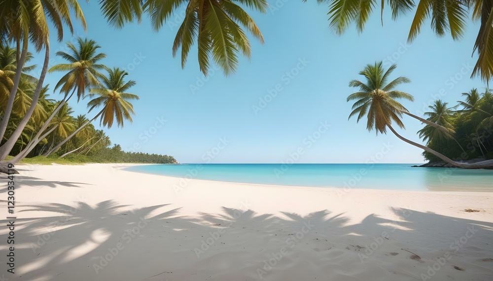 Obraz premium Una playa tropical con palmeras, un cielo azul claro y una orilla arenosa