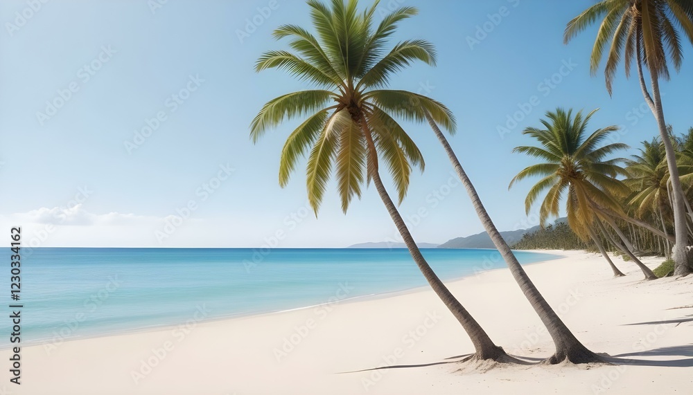 Una playa tropical con palmeras, un cielo azul claro y una orilla arenosa Una playa tropical con palmeras, un cielo azul claro y una orilla arenosa