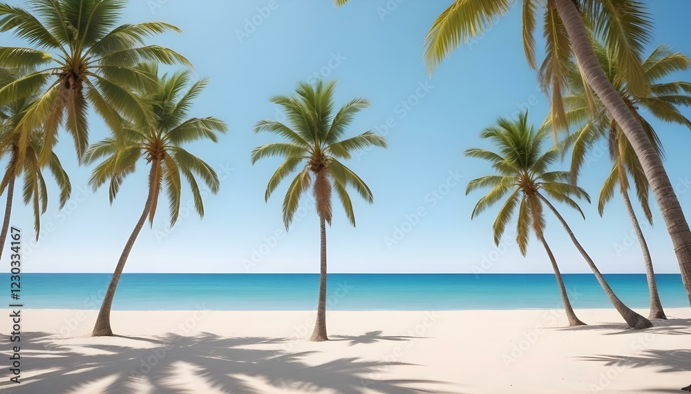 Una playa tropical con palmeras, un cielo azul claro y una orilla arenosa Una playa tropical con palmeras, un cielo azul claro y una orilla arenosa