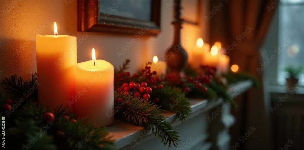 warm candlelight on a decorated mantel with pine branches and red berries, branches, candlelight
