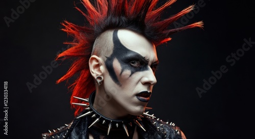 Edgy punk rocker with vibrant red mohawk and striking makeup