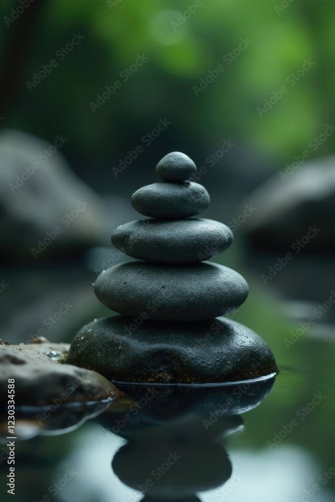 Five grey stones on a branch, with water droplets, in a peaceful environment, black, grey, zen Five grey stones on a branch, with water droplets, in a peaceful environment, black, grey, zen