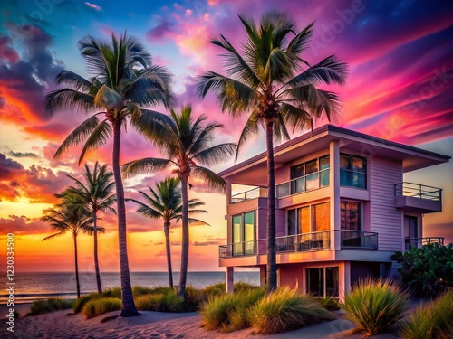 Modern Beach House Sunset Palm Trees Ocean Coastal Elegance Macro Photography Stock Photo