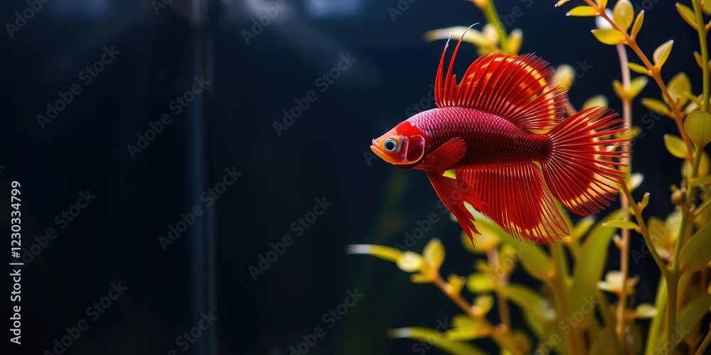 Obraz premium Red crown betta swimming near plants in water, betta fish, swimming
