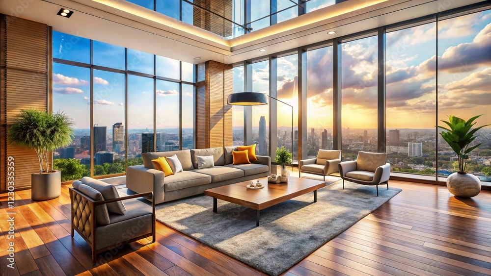 Fototapeta premium Modern Bright Living Room City View Luxury Apartment Spacious Interior Design