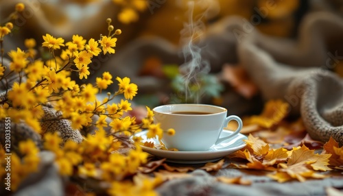 Warm cup of coffee surrounded by autumn leaves and yellow flowers.