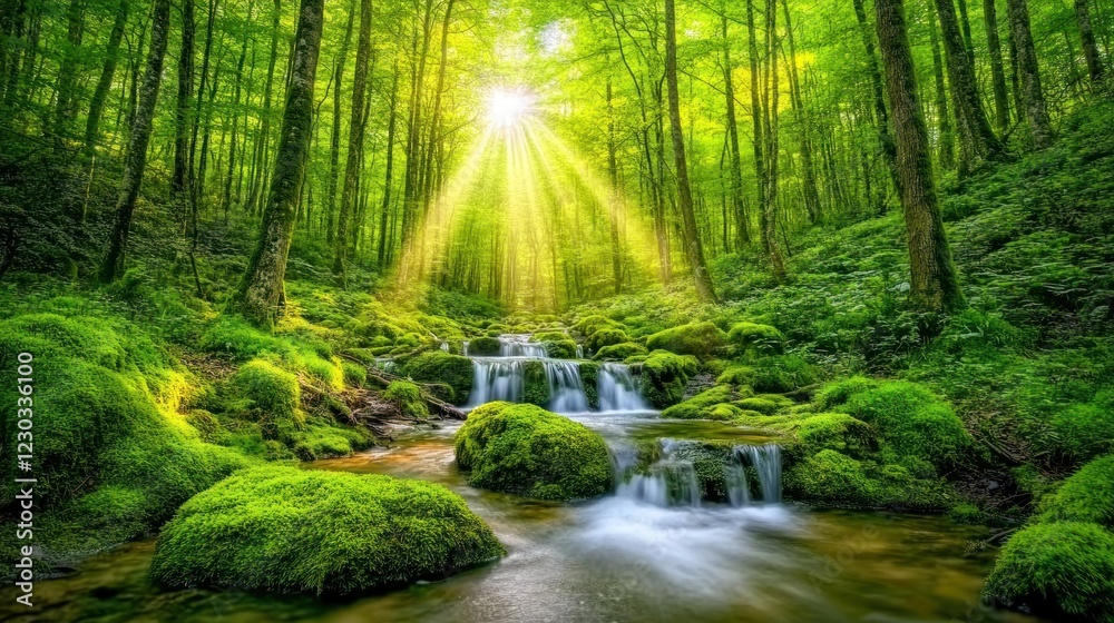 Obraz premium Sunbeams illuminate a lush green forest with a cascading stream flowing over moss-covered rocks.