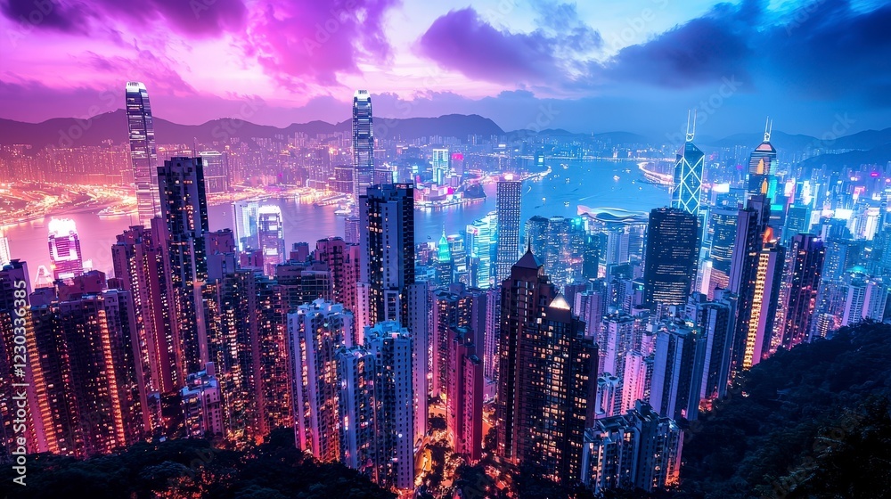 Fototapeta premium Futuristic City Skyline at Dusk with Vibrant Neon Lights